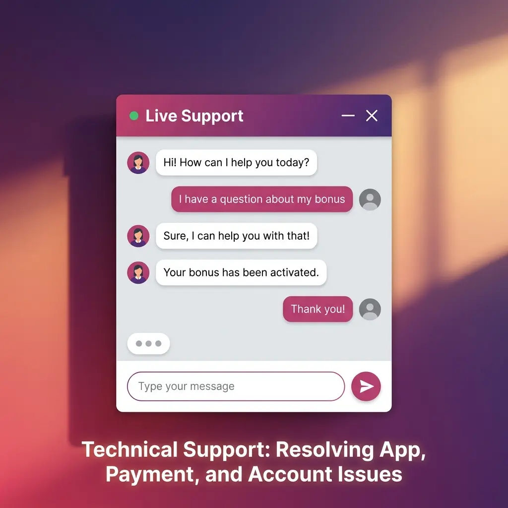 Technical support team resolving app crashes, payment failures, login issues, and account errors via live chat, email, or phone.