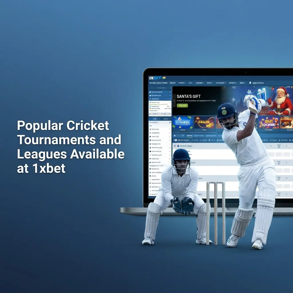 Cricket tournaments and leagues available at 1xbet including IPL, ICC World Cup, T20 World Cup, and The Ashes